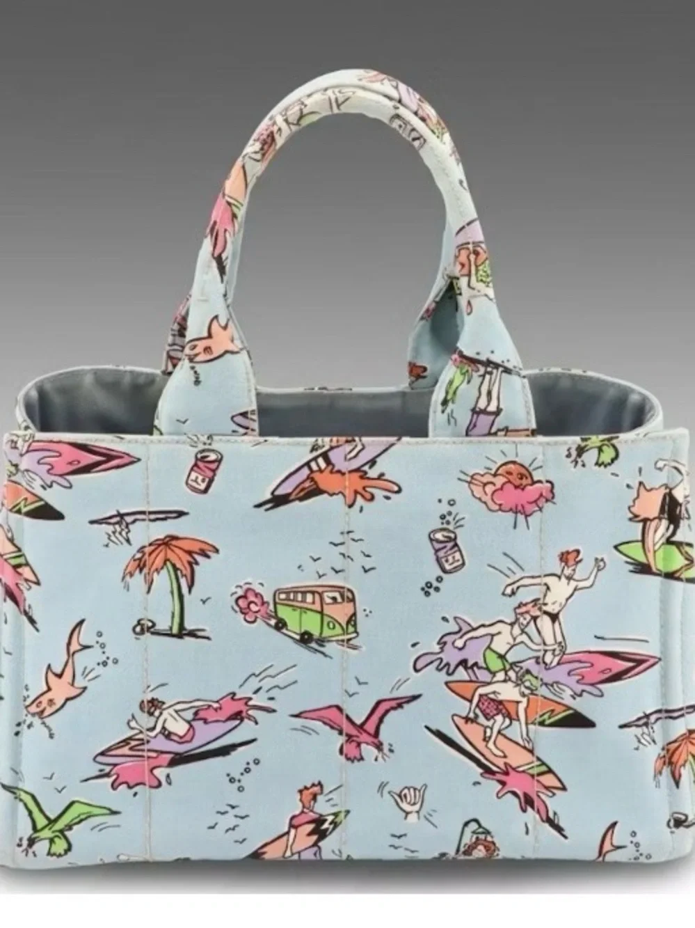 Prada Light Blue Surfing Print Canvas Tote Bag